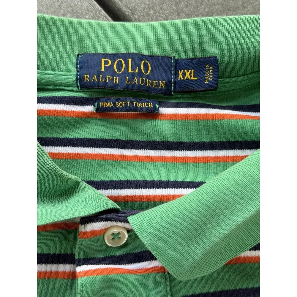 Polo Ralph Lauren Shirt XL Green Striped Short Sleeve Pima Soft Touch Brown Pony